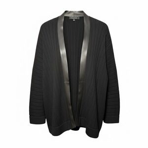 CIVIDINI Italy Cashmere Cardigan Black Leather Trim Sz XL (IT 48) Ribbed Luxury